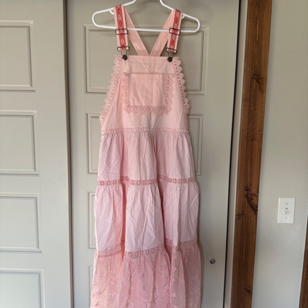 New! Listicle Boho Embroidered Pink Overalls Jumper Long Dress Skirtall Large